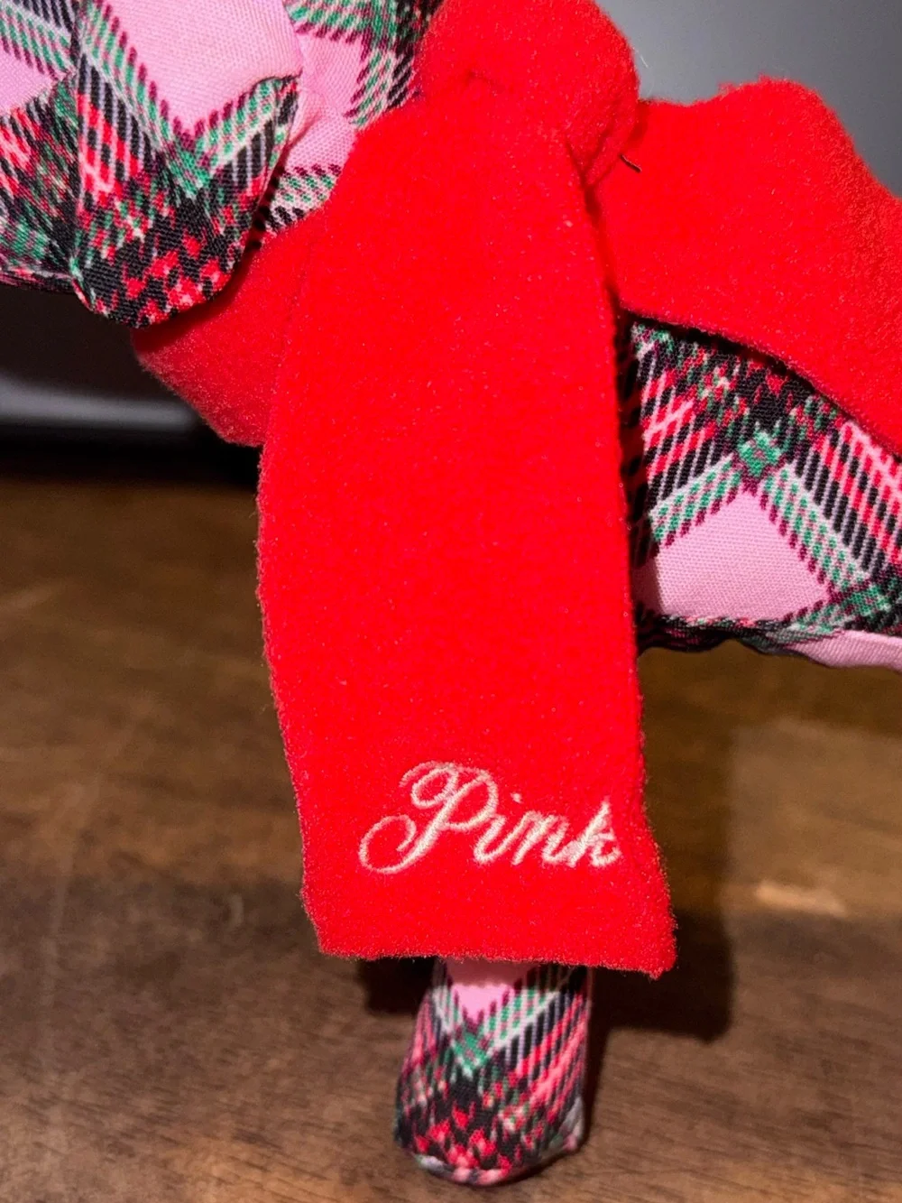 Pink Plaid Dog Toy Figurine with Red Scarf - Pink